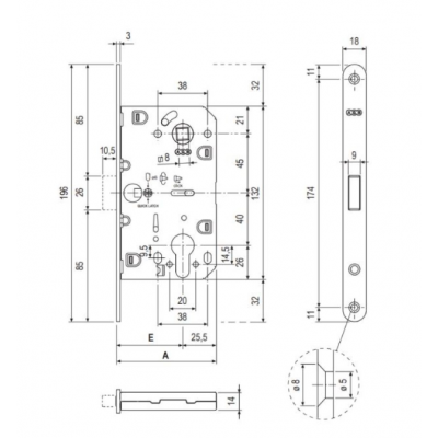 Serratura Polaris 2XT Yale incasso B06103 Agb per porta da interni, entrata 35 mm, interasse 85 mm, bordo tondo 196x18 mm, Acciaio finitura Ottonato Verniciato