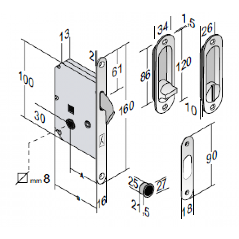 Kit classico ovale B1R Bonaiti con serratura gancio, per porta scorrevole, entrata 50 mm