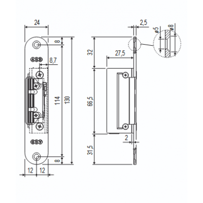 Incontro elettrico per serratura magnetica AGB per porta a battente con memoria di apertura con leva sblocco manuale ambidestro, frontale 24x130 mm.