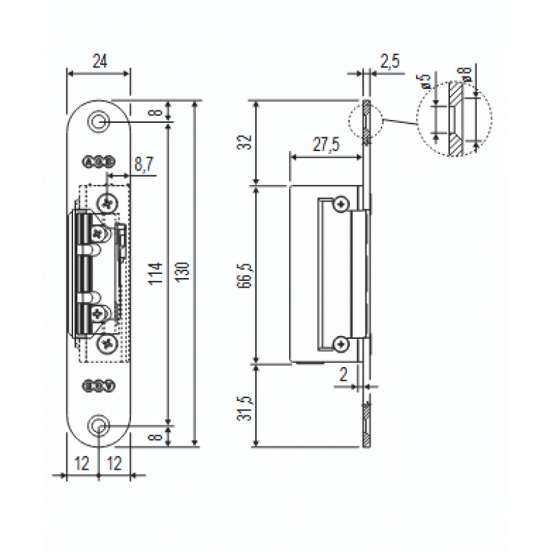 Incontro elettrico per serratura magnetica AGB per porta a battente con memoria di apertura con leva sblocco manuale ambidestro, frontale 24x130 mm.