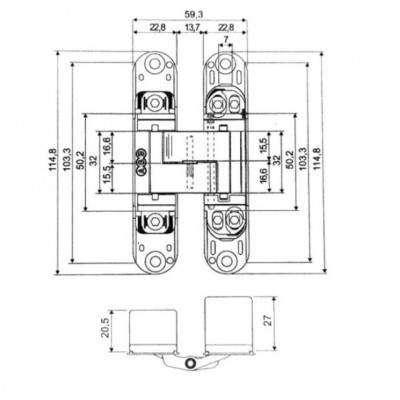 Cerniera a scomparsa Eclipse 3.0 Agb per porte filo muro, dimensione 114,8x22,8 mm, portata 40 Kg, regolabile su 3 assi, Zama finitura Cromo Satinato