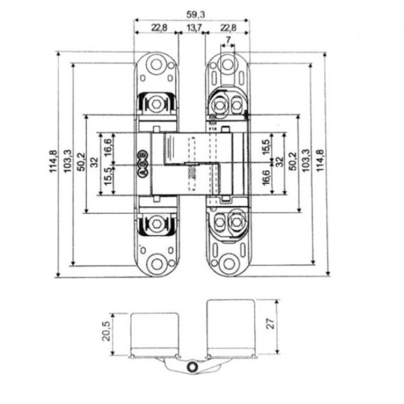 Cerniera a scomparsa Eclipse 3.0 Agb per porte filo muro, dimensione 114,8x22,8 mm, portata 40 Kg, regolabile su 3 assi, Zama finitura Cromo Satinato