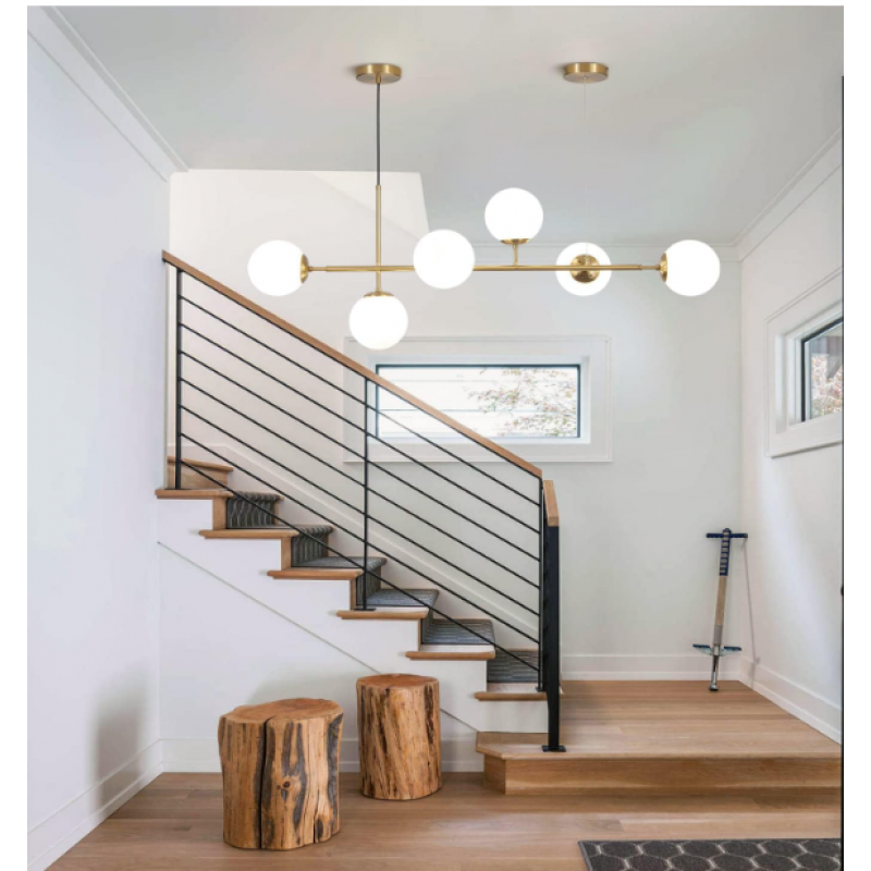KCO Lighting Lampadario in vetro lattimo a 6 luci, lampadario lineare moderno a globo, lampada a sospensione bianca e oro Lampadario rettangolare di metà secolo per isola cucina
