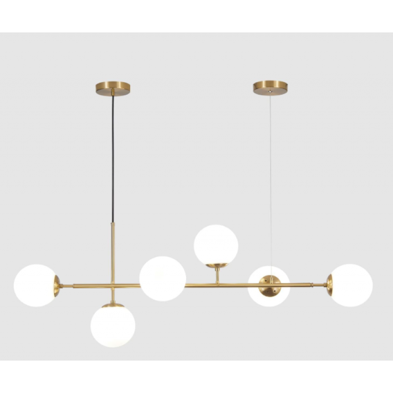 KCO Lighting Lampadario in vetro lattimo a 6 luci, lampadario lineare moderno a globo, lampada a sospensione bianca e oro Lampadario rettangolare di metà secolo per isola cucina