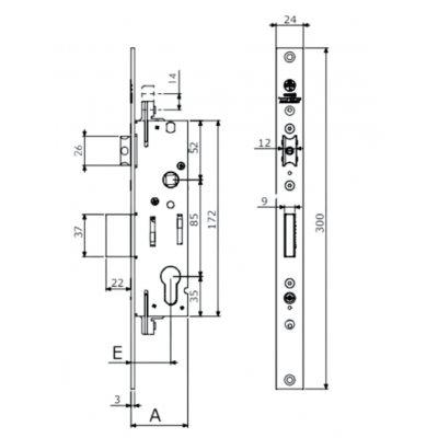 Serratura da infilare MP1 Assa Abloy per montante, con scrocco e catenaccio, foro yale, entrata 25 mm, frontale 24x3 mm, Acciaio finitura Inox