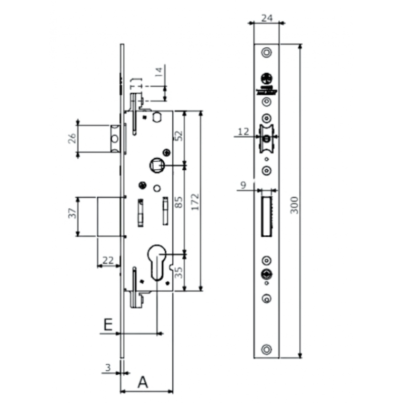 Serratura da infilare MP1 Assa Abloy per montante, con scrocco e catenaccio, foro yale, entrata 25 mm, frontale 24x3 mm, Acciaio finitura Inox