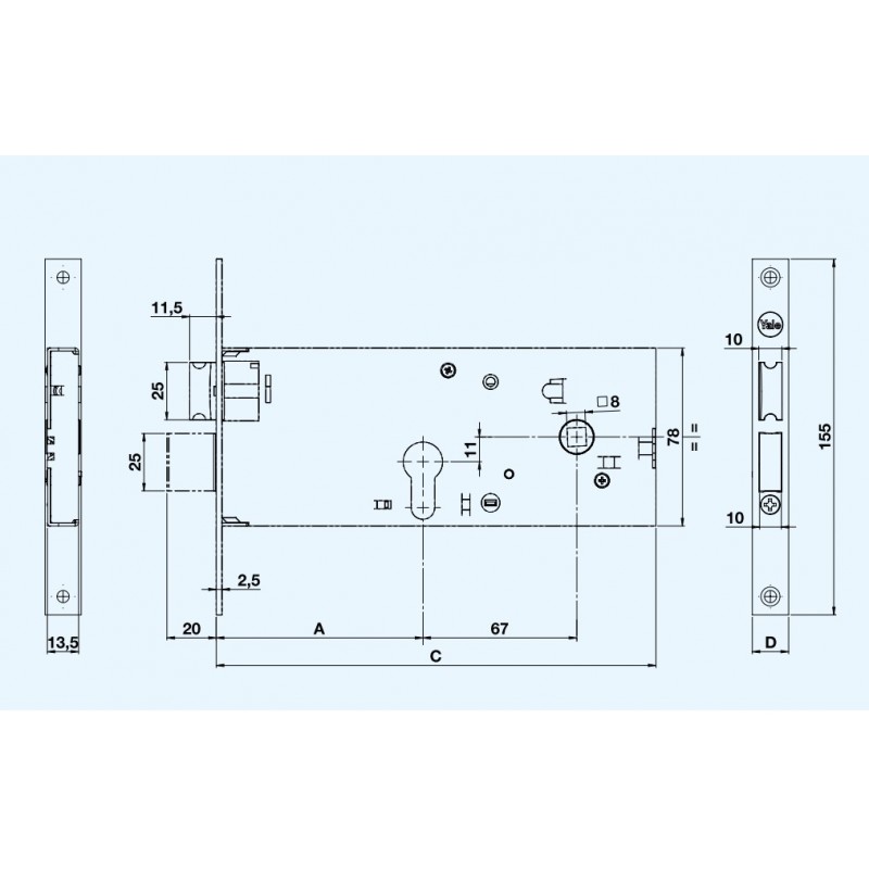 Elettroserratura da infilare Yale Silver Plus per porta in alluminio, foro yale, con scrocco e catenaccio 1 mandata, entrata 90 mm, frontale 22 mm